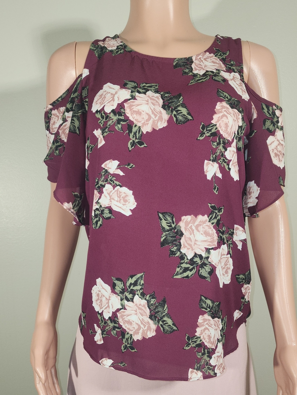 Floral Cold-Shoulder Blouse in Burgundy with Pink Roses
